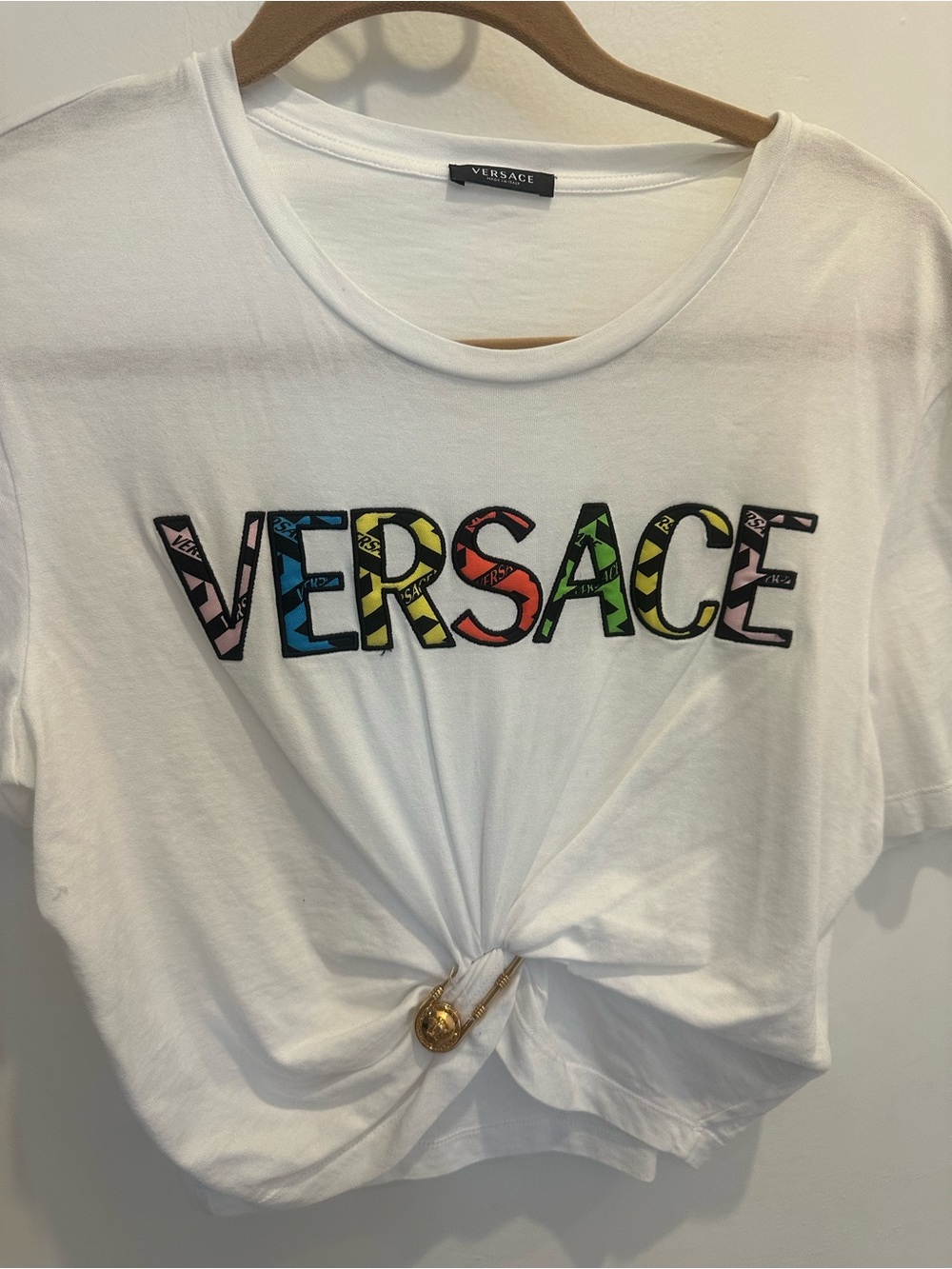 Versace White Short Sleeve Tee with Multicolor Logo
